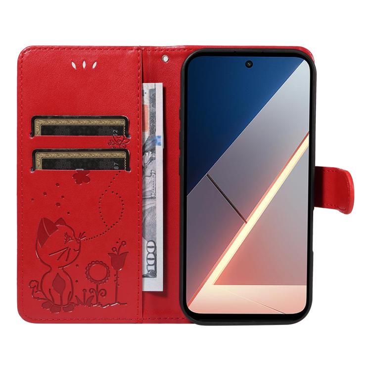 For Xiaomi Poco M7 4G 169mm Cat and Bee Embossed Flip Leather Phone Case