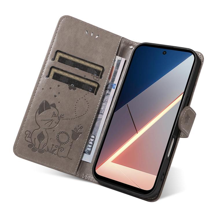 For Xiaomi Poco M7 4G 169mm Cat and Bee Embossed Flip Leather Phone Case
