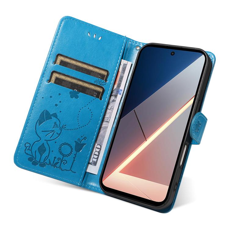For Xiaomi Poco M7 4G 169mm Cat and Bee Embossed Flip Leather Phone Case