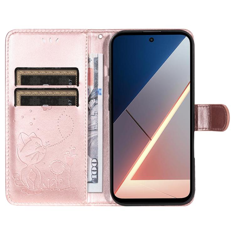 For Xiaomi Poco M7 4G 169mm Cat and Bee Embossed Flip Leather Phone Case
