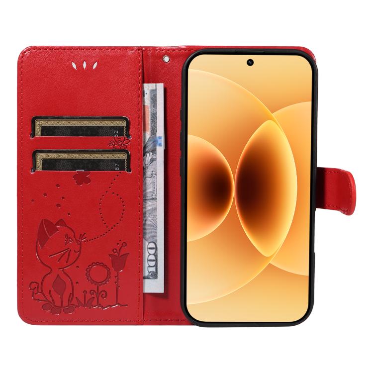 For Xiaomi 17 Cat and Bee Embossed Flip Leather Phone Case
