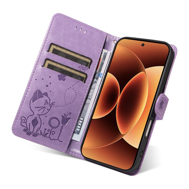 For Xiaomi 17 Pro Max Cat and Bee Embossed Flip Leather Phone Case