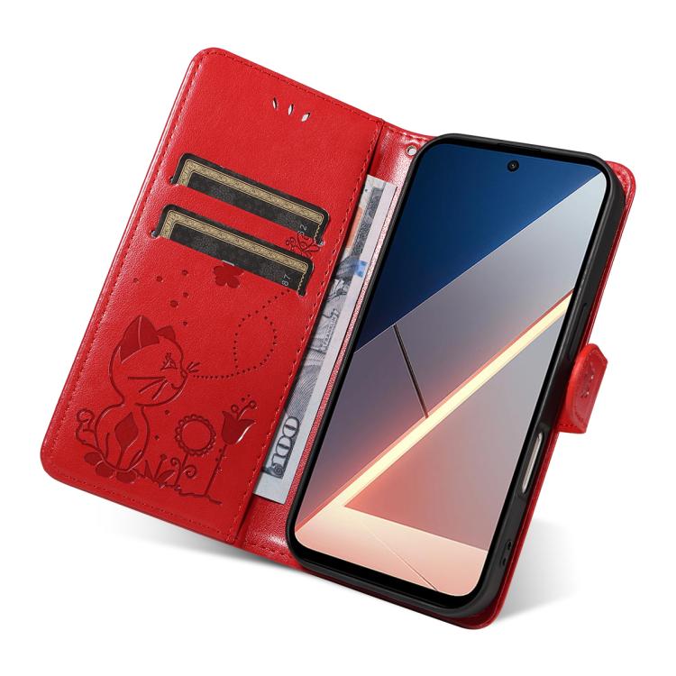 For Xiaomi Poco M7 4G 171mm Cat and Bee Embossed Flip Leather Phone Case