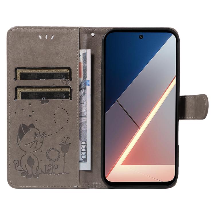 For Xiaomi Poco M7 4G 171mm Cat and Bee Embossed Flip Leather Phone Case