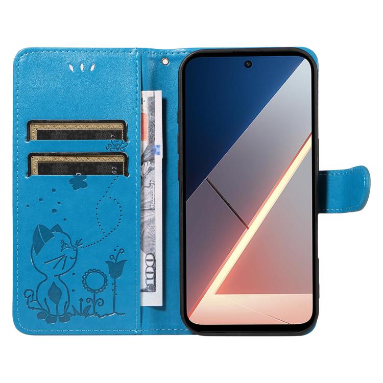 For Xiaomi Poco M7 4G 171mm Cat and Bee Embossed Flip Leather Phone Case