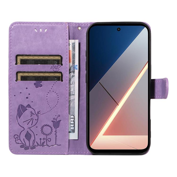 For Xiaomi Poco M7 4G 171mm Cat and Bee Embossed Flip Leather Phone Case