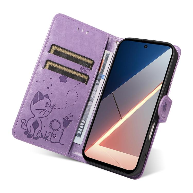 For Xiaomi Poco M7 4G 171mm Cat and Bee Embossed Flip Leather Phone Case