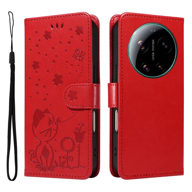 For Xiaomi 17 Ultra Cat and Bee Embossed Flip Leather Phone Case