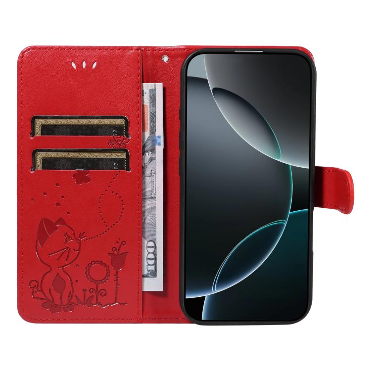 For Xiaomi 17 Ultra Cat and Bee Embossed Flip Leather Phone Case