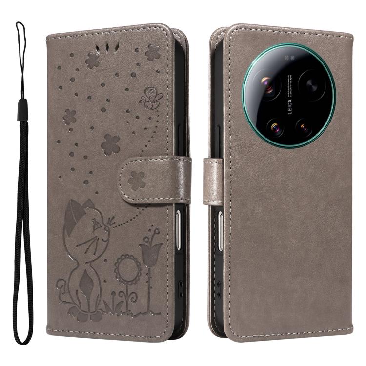 For Xiaomi 17 Ultra Cat and Bee Embossed Flip Leather Phone Case