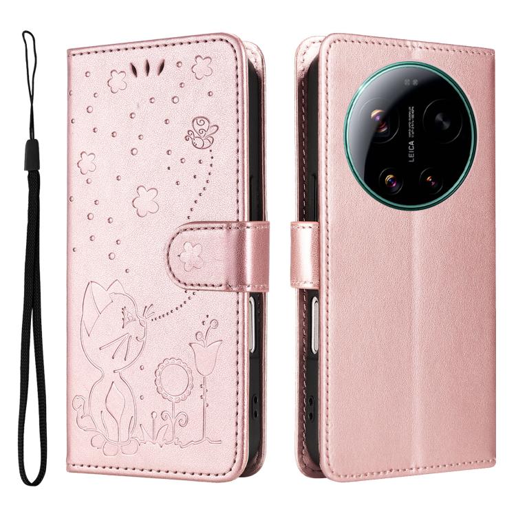 For Xiaomi 17 Ultra Cat and Bee Embossed Flip Leather Phone Case