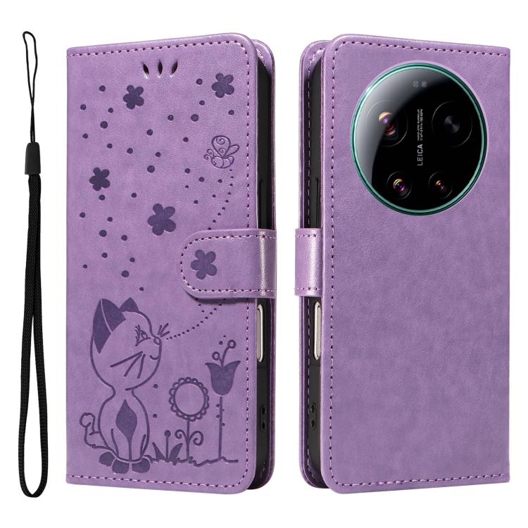 For Xiaomi 17 Ultra Cat and Bee Embossed Flip Leather Phone Case