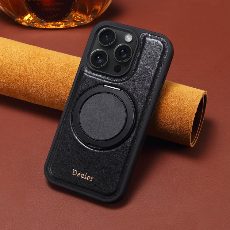 For iPhone 16 Pro Max Denior A17 Genuine Leather Gear Magnetic Holder Phone Case - Black