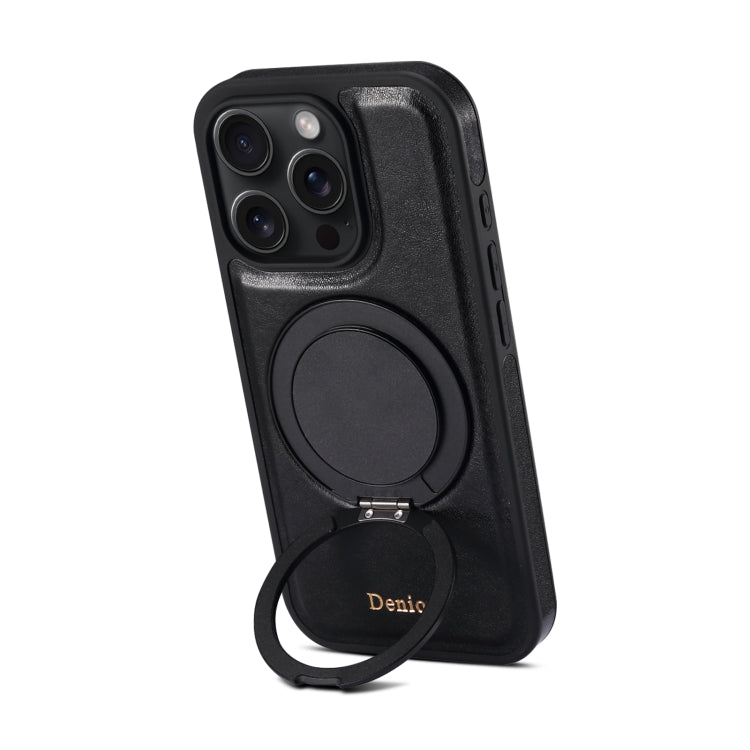 For iPhone 16 Pro Max Denior A17 Genuine Leather Gear Magnetic Holder Phone Case - Black