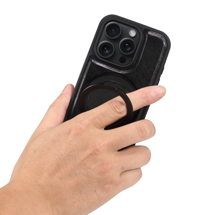 For iPhone 16 Pro Max Denior A17 Genuine Leather Gear Magnetic Holder Phone Case - Black