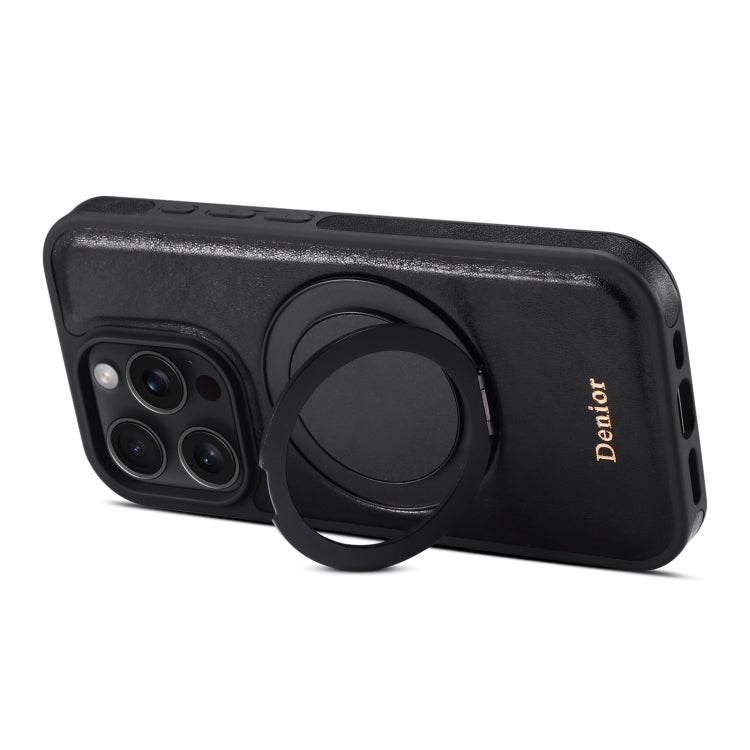 For iPhone 16 Pro Denior A17 Genuine Leather Gear Magnetic Holder Phone Case - Black