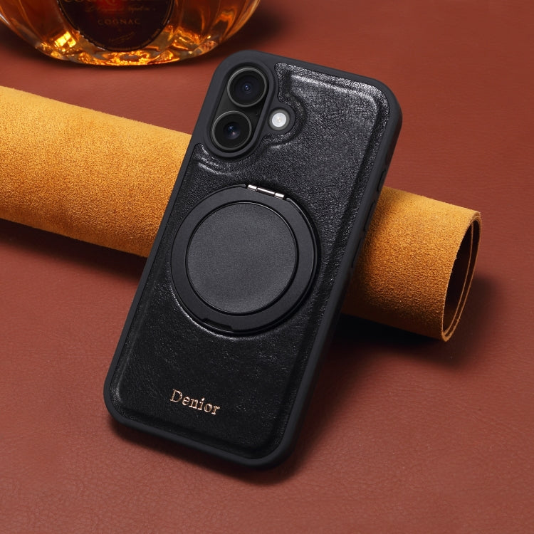 For iPhone 16 Plus Denior A17 Genuine Leather Gear Magnetic Holder Phone Case - Black
