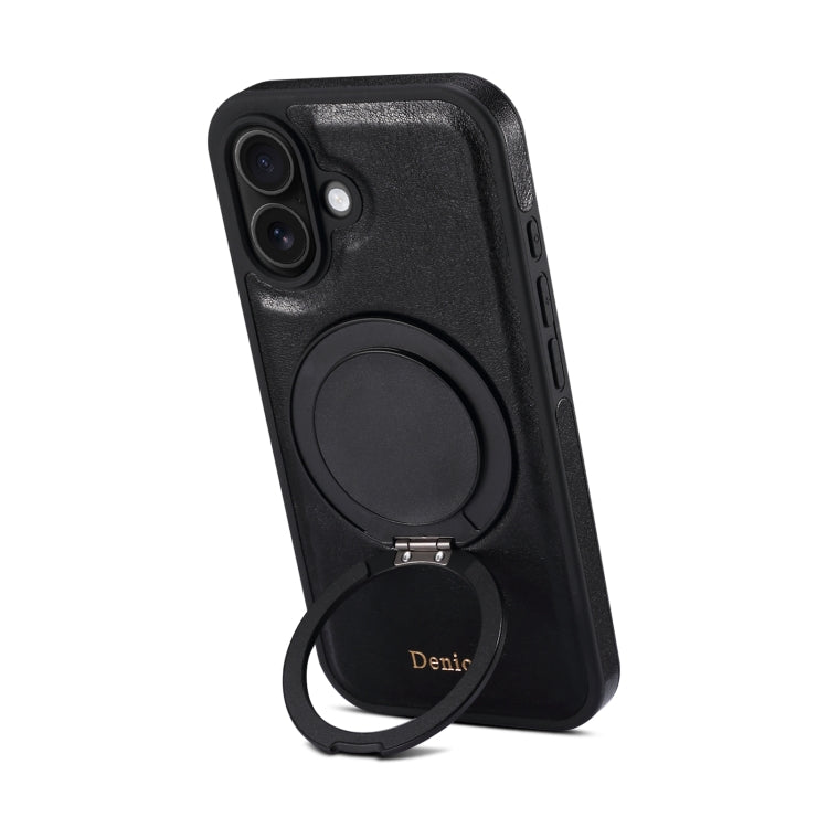 For iPhone 16 Plus Denior A17 Genuine Leather Gear Magnetic Holder Phone Case - Black