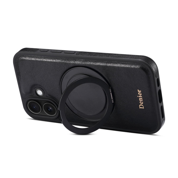 For iPhone 16 Plus Denior A17 Genuine Leather Gear Magnetic Holder Phone Case - Black