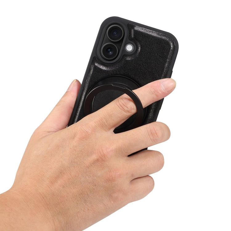 For iPhone 16 Plus Denior A17 Genuine Leather Gear Magnetic Holder Phone Case - Black