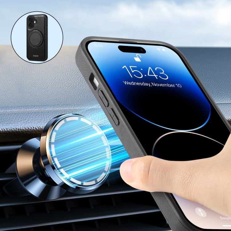 For iPhone 16 Plus Denior A17 Genuine Leather Gear Magnetic Holder Phone Case - Black