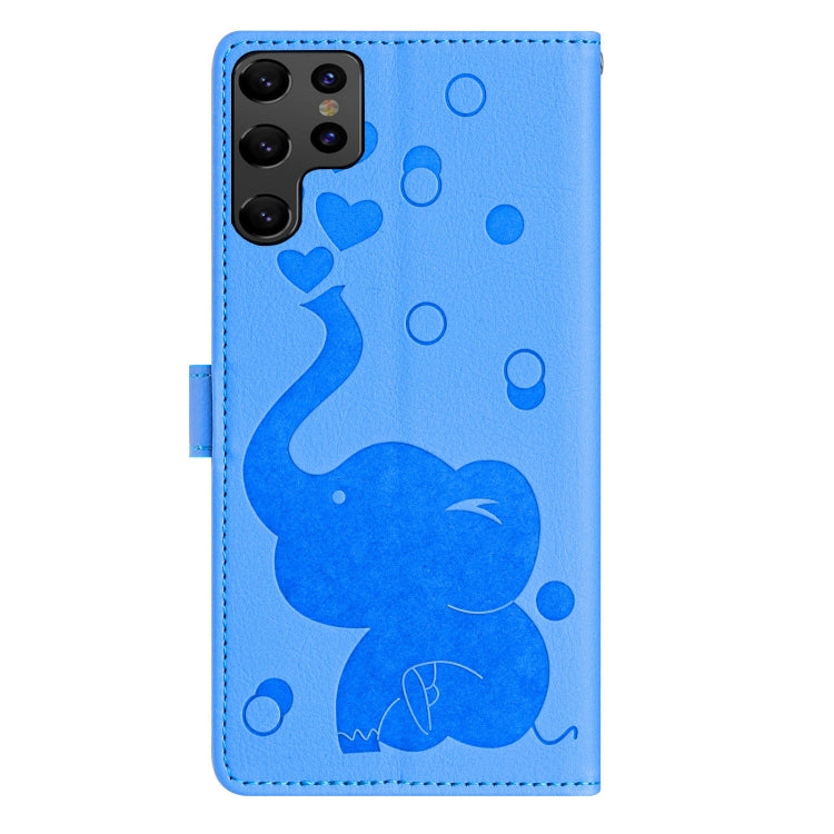For Samsung Galaxy S22 Ultra 5G Cartoon Elephant Embossed Leather Phone Case