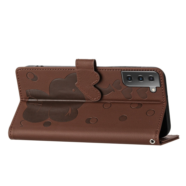 For Samsung Galaxy S21 5G Cartoon Elephant Embossed Leather Phone Case
