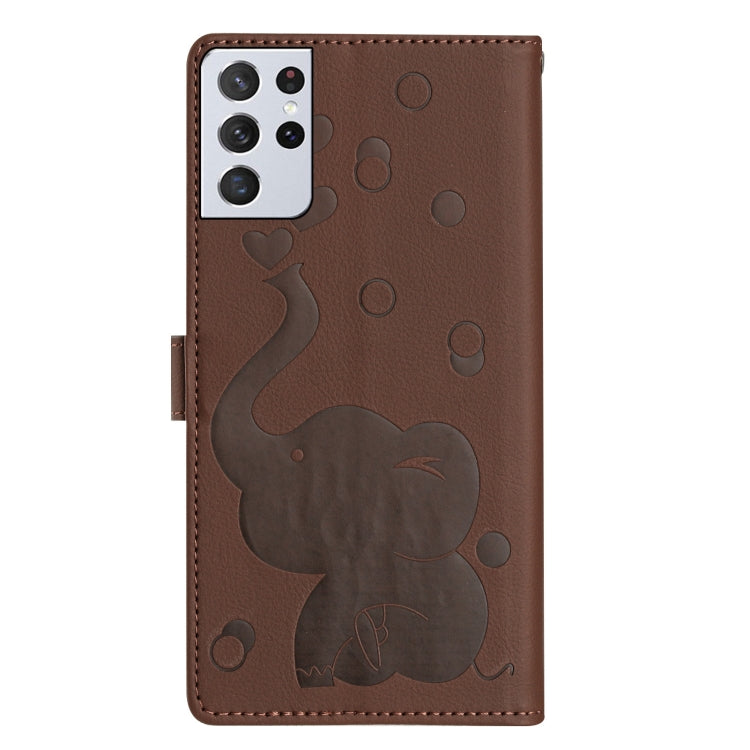 For Samsung Galaxy S21 Ultra 5G Cartoon Elephant Embossed Leather Phone Case