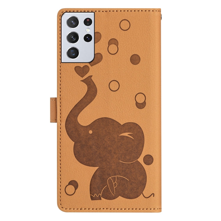 For Samsung Galaxy S21 Ultra 5G Cartoon Elephant Embossed Leather Phone Case
