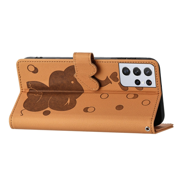 For Samsung Galaxy S21 Ultra 5G Cartoon Elephant Embossed Leather Phone Case