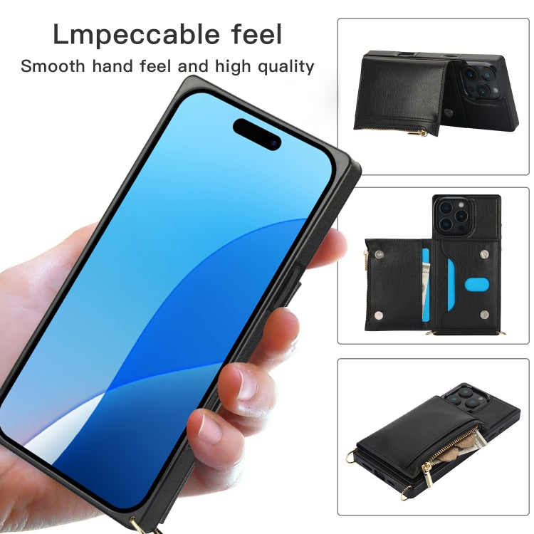 For iPhone 16 Pro Max Square Zipper Wallet Bag TPU+PU Back Cover Case
