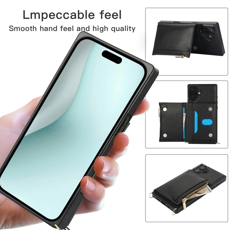 For iPhone 16 Square Zipper Wallet Bag TPU+PU Back Cover Case