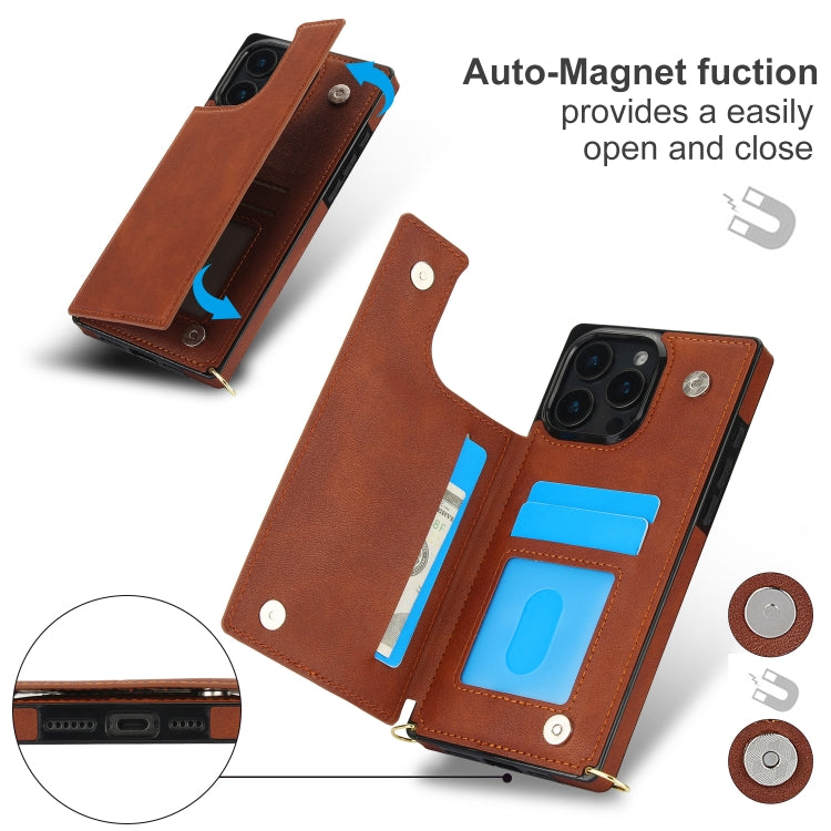 For iPhone 16 Pro Cross-body Square Dual-Buckle Card Flip Wallet Phone Case
