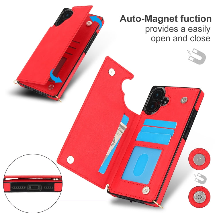 For iPhone 16 Plus Cross-body Square Dual-Buckle Card Flip Wallet Phone Case