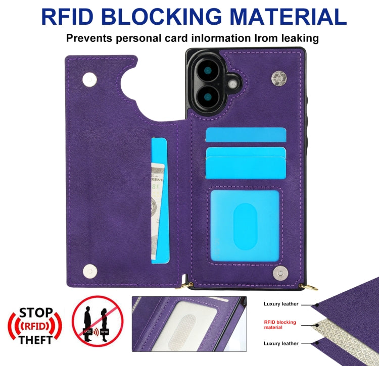For iPhone 16 Plus Cross-body Square Dual-Buckle Card Flip Wallet Phone Case