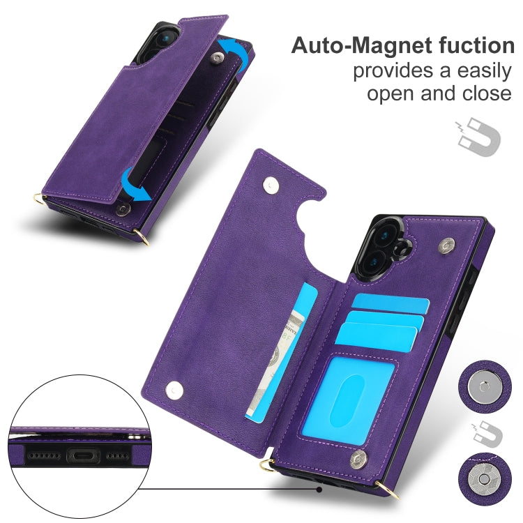 For iPhone 16 Plus Cross-body Square Dual-Buckle Card Flip Wallet Phone Case