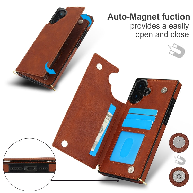 For iPhone 16 Plus Cross-body Square Dual-Buckle Card Flip Wallet Phone Case