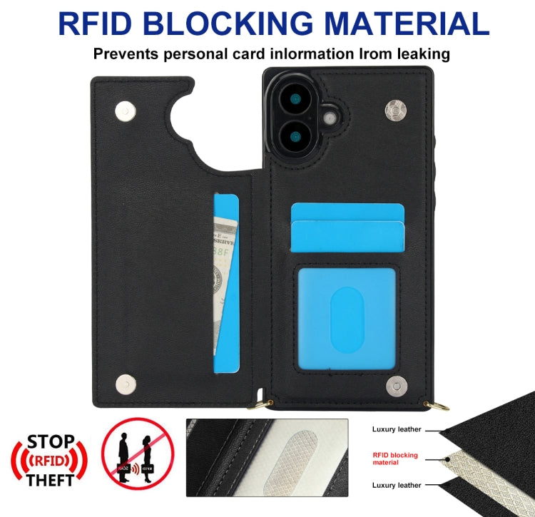 For iPhone 16 Cross-body Square Dual-Buckle Card Flip Wallet Phone Case