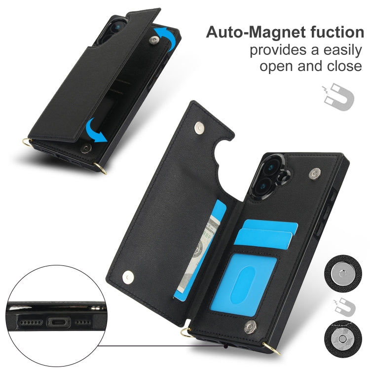 For iPhone 16 Cross-body Square Dual-Buckle Card Flip Wallet Phone Case