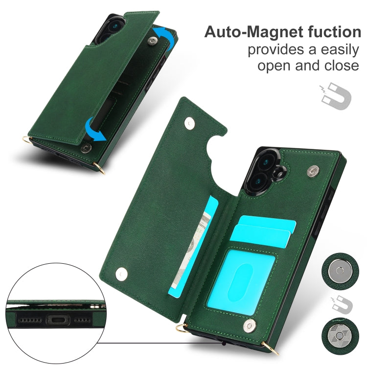 For iPhone 16 Cross-body Square Dual-Buckle Card Flip Wallet Phone Case