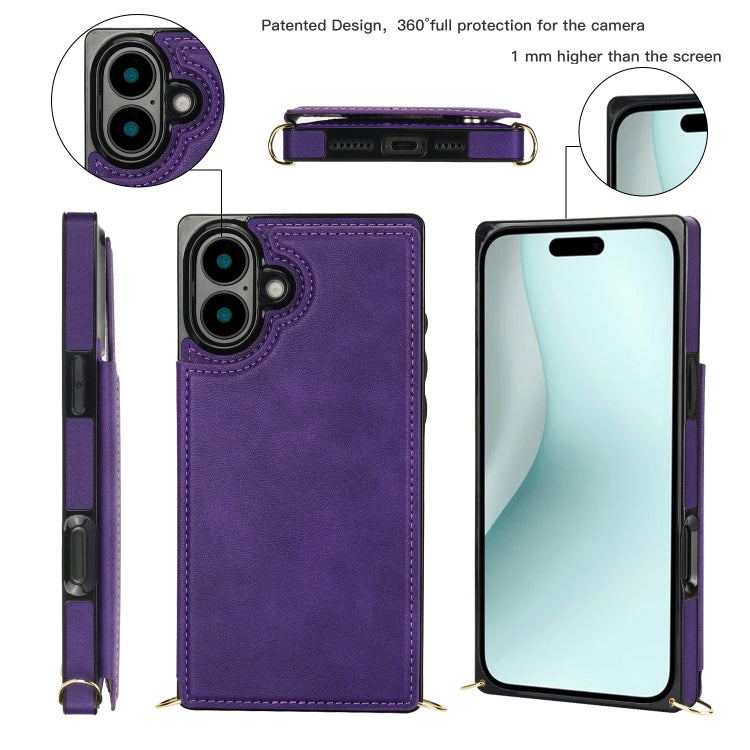 For iPhone 16 Cross-body Square Dual-Buckle Card Flip Wallet Phone Case