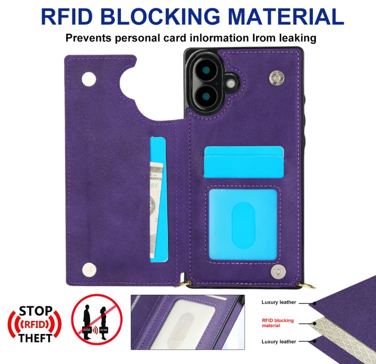 For iPhone 16 Cross-body Square Dual-Buckle Card Flip Wallet Phone Case