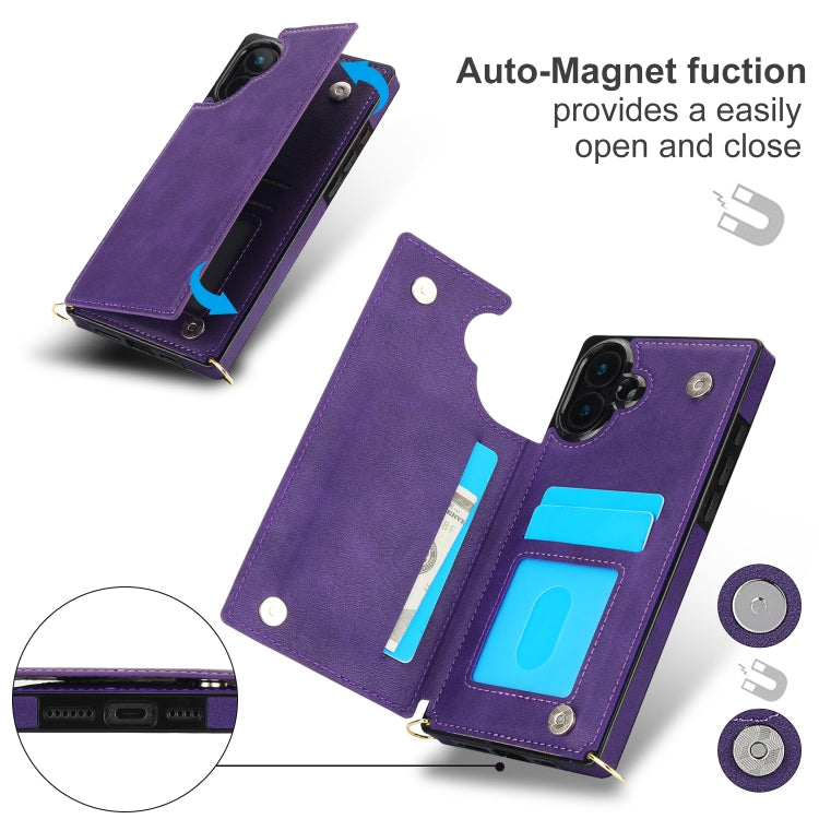 For iPhone 16 Cross-body Square Dual-Buckle Card Flip Wallet Phone Case