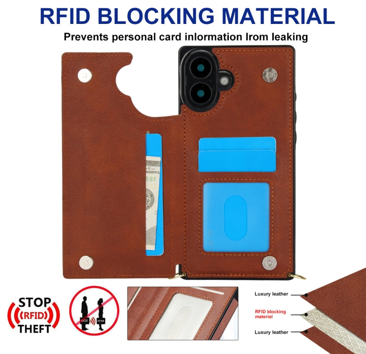For iPhone 16 Cross-body Square Dual-Buckle Card Flip Wallet Phone Case