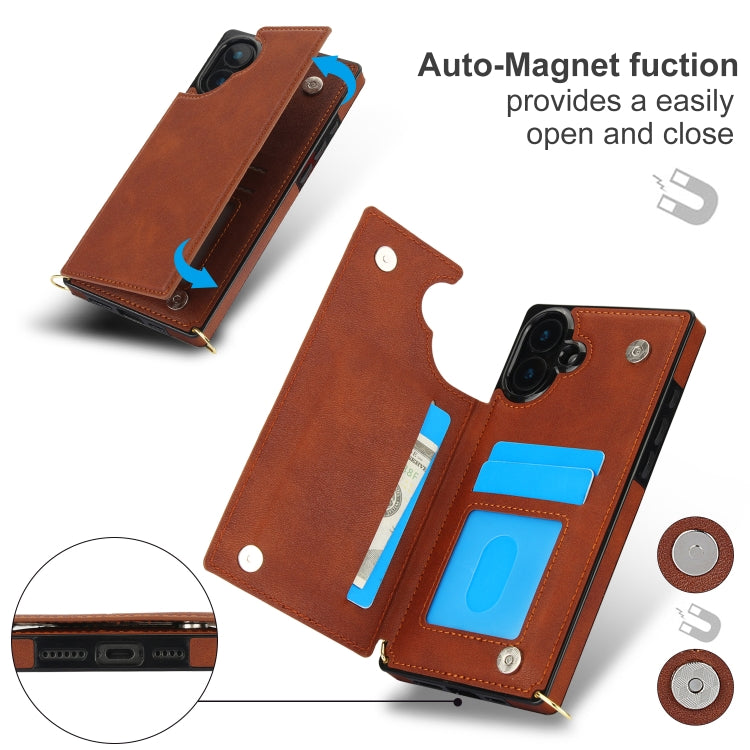 For iPhone 16 Cross-body Square Dual-Buckle Card Flip Wallet Phone Case