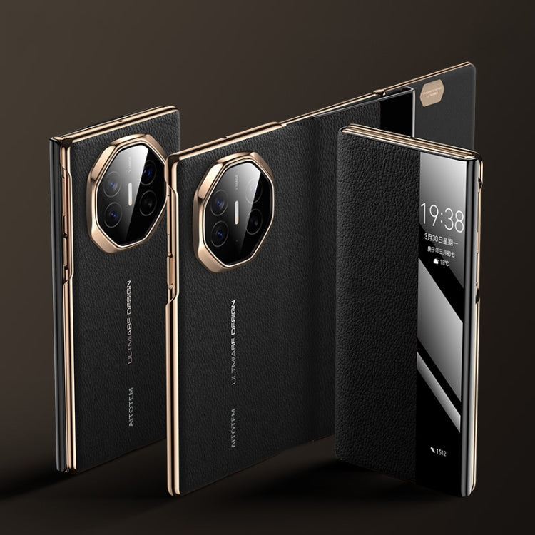 For Huawei Mate XT Ultimate Design View Window Genuine Leather Electroplating Phone Case