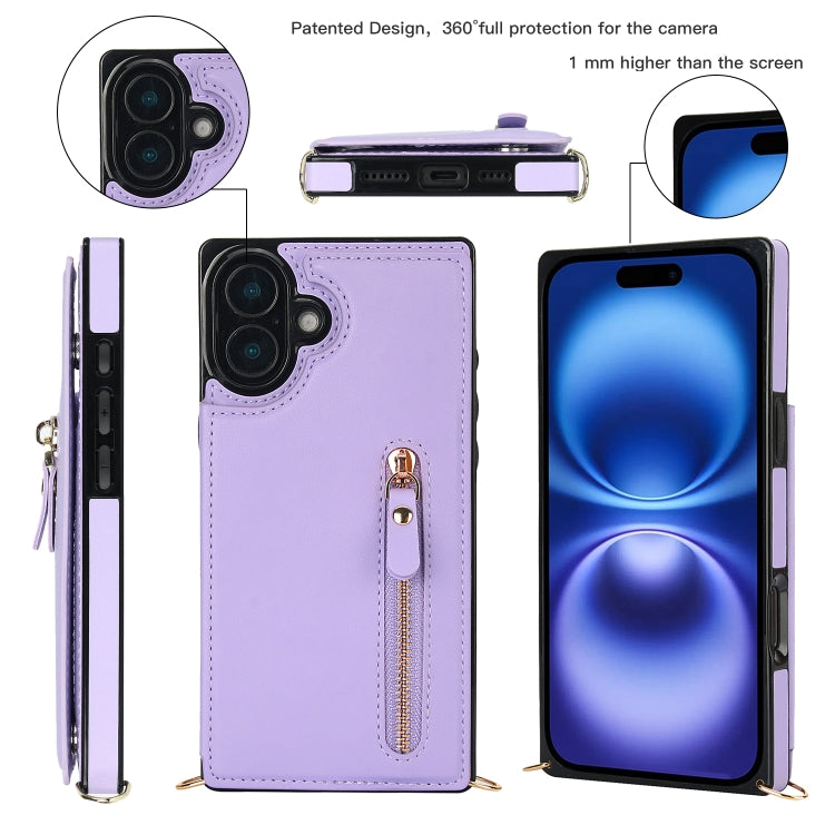 For iPhone 16 Plus Cross-body Zipper Square Phone Case