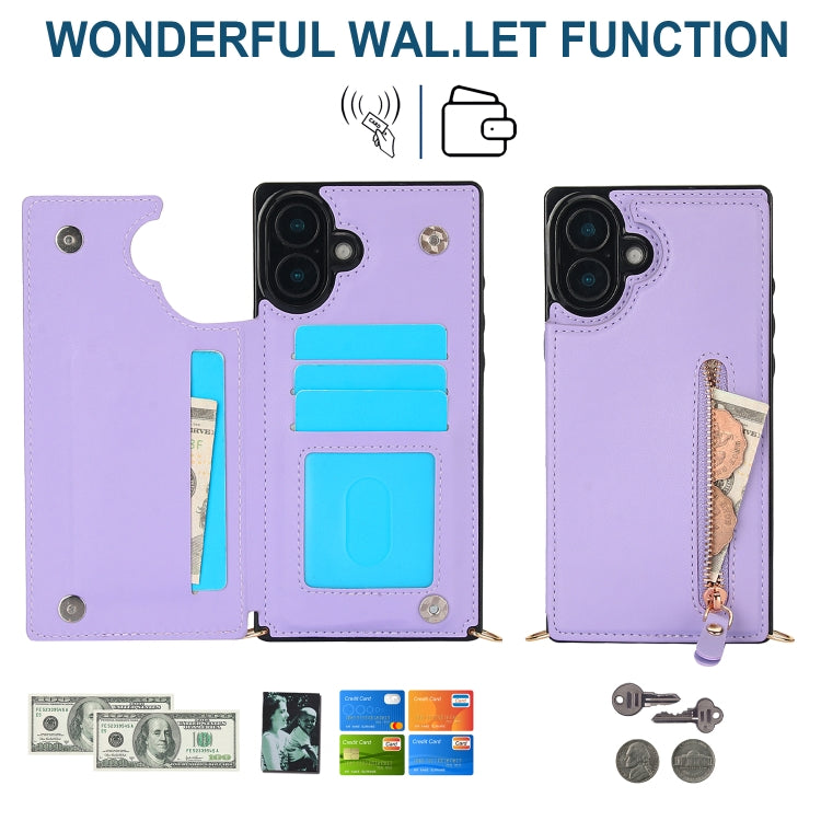 For iPhone 16 Plus Cross-body Zipper Square Phone Case