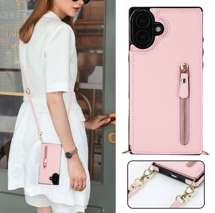 For iPhone 16 Plus Cross-body Zipper Square Phone Case
