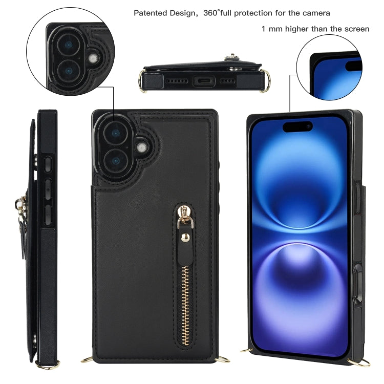 For iPhone 16 Plus Cross-body Zipper Square Phone Case